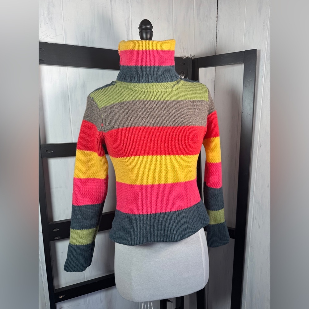 Retro Sonia Rykiel Turtleneck Thick 100% Wool Rainbow Striped Jumper, Size Small